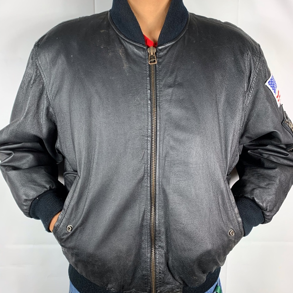 Vintage Marines Embroidered Black Leather Jacket